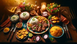 A colorful traditional Puerto Rican dinner table with Bistec Encebollado surrounded by white rice, fried plantains, and a simple salad.