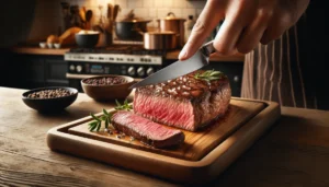 A chef carefully slices a medium-rare steak, highlighting the preferred level of doneness for many steak lovers while also underlining the importance of precise cooking to ensure food safety.