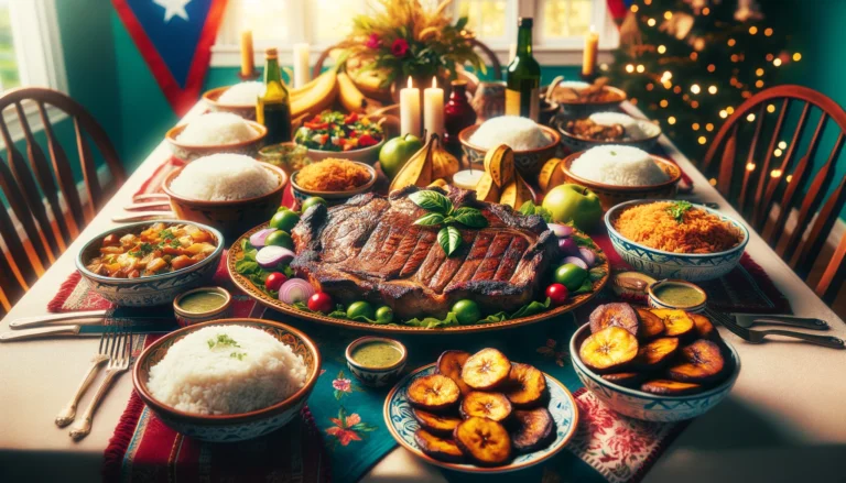 A festive table setting with Bistec Encebollado as the centerpiece, surrounded by traditional Puerto Rican side dishes, reflecting a celebratory family gathering.