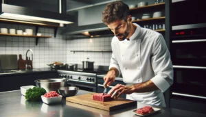 A chef meticulously prepares steak tartare, emphasizing the importance of precision and hygiene in the preparation of raw dishes.