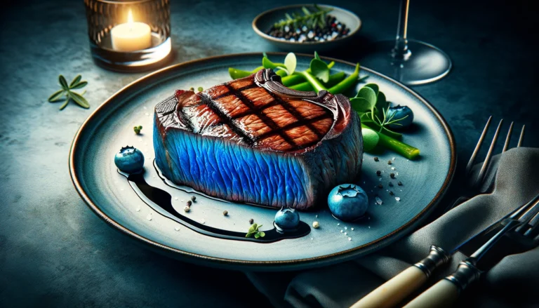 a beautifully prepared blue steak on a fine dining plate