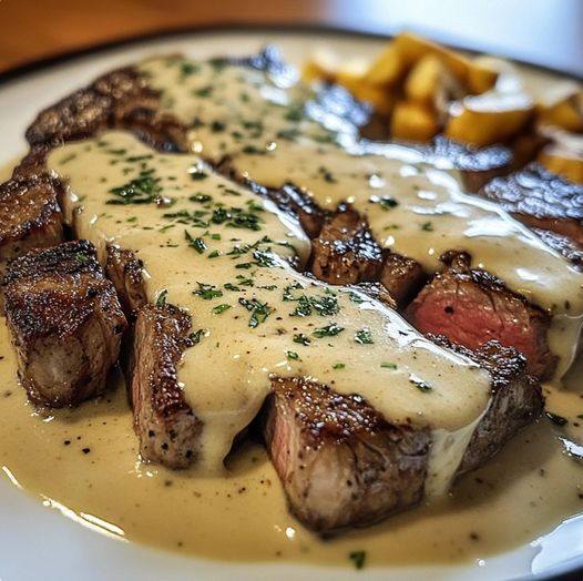 Steak with Bourbon Garlic Cream Sauce