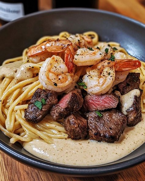 Cajun Shrimp and Steak Alfredo Pasta