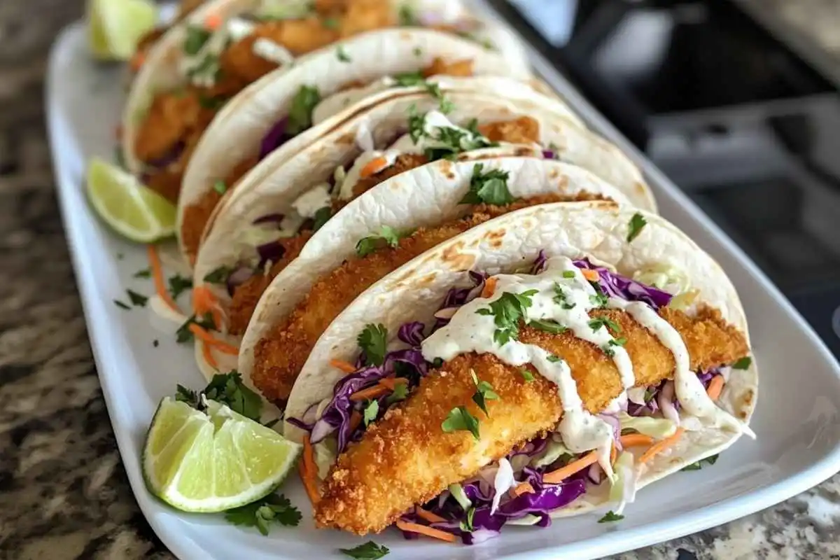 Crispy fish tacos topped with creamy cilantro lime slaw