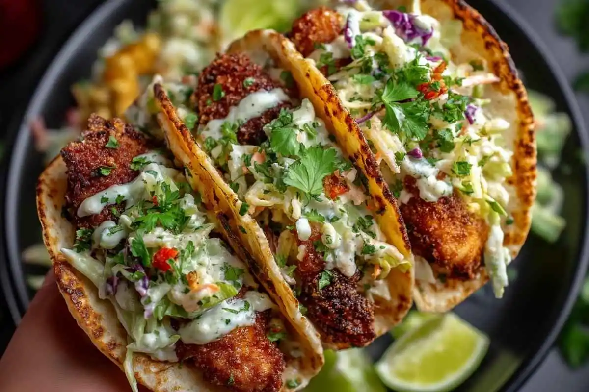 Crispy fish tacos topped with creamy cilantro lime slaw