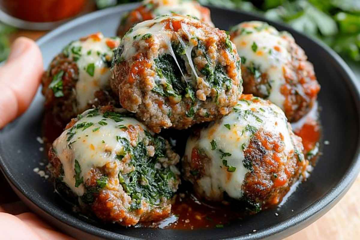 Spinach Garlic Meatballs Stuffed with Mozzarella