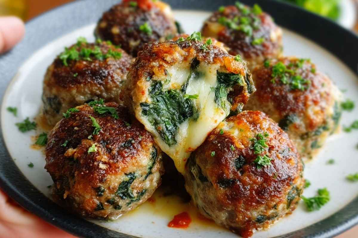Spinach Garlic Meatballs Stuffed with Mozzarella