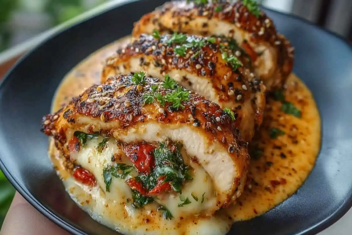 Cajun Chicken Rollups with Roasted Red Pepper Cream Sauce