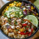 Loaded Chicken Fajita Rice Bowls with Smoky Chipotle Cream