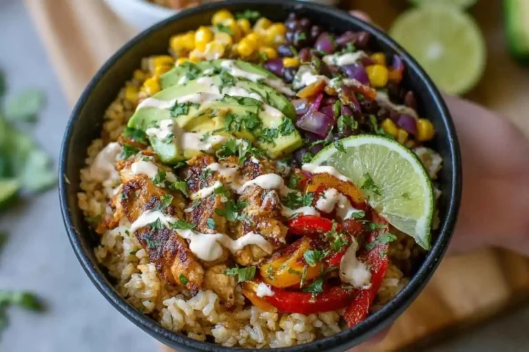 Loaded Chicken Fajita Rice Bowls with Smoky Chipotle Cream