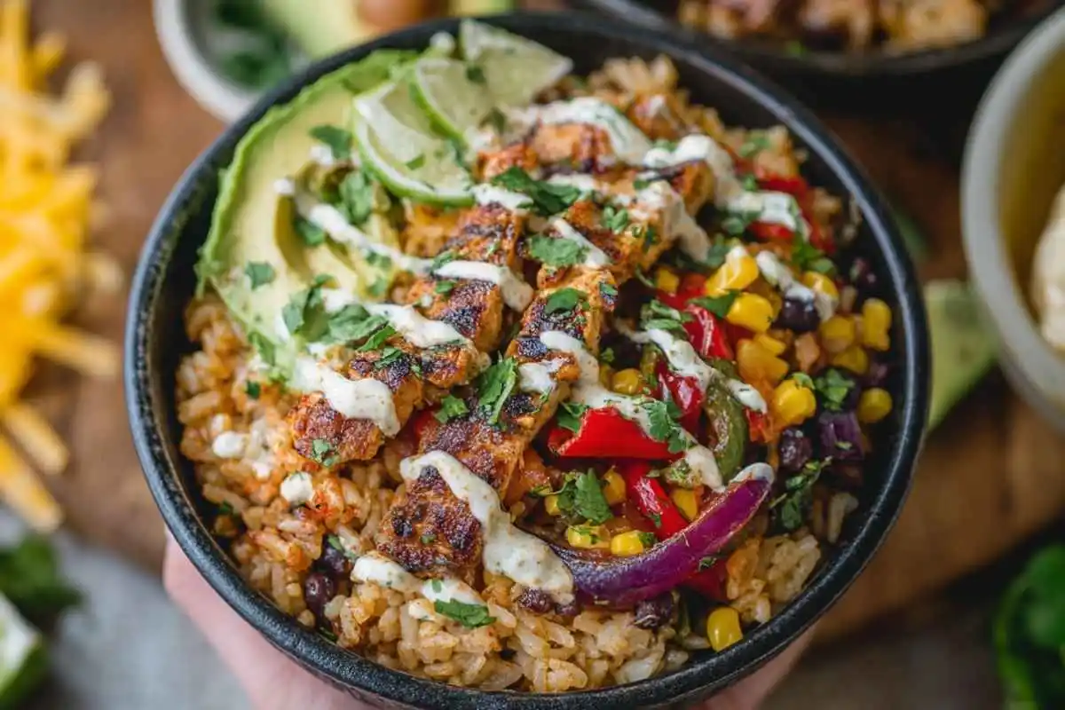 Loaded Chicken Fajita Rice Bowls with Smoky Chipotle Cream