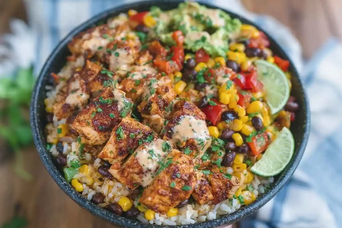 Loaded Chicken Fajita Rice Bowls with Smoky Chipotle Cream