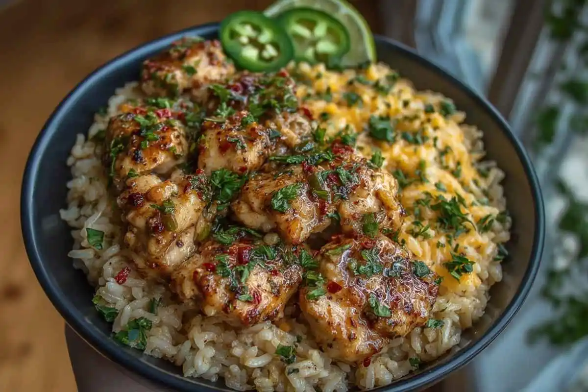 Garlic Butter Chicken Bowls with Jalapeño Cheddar Rice