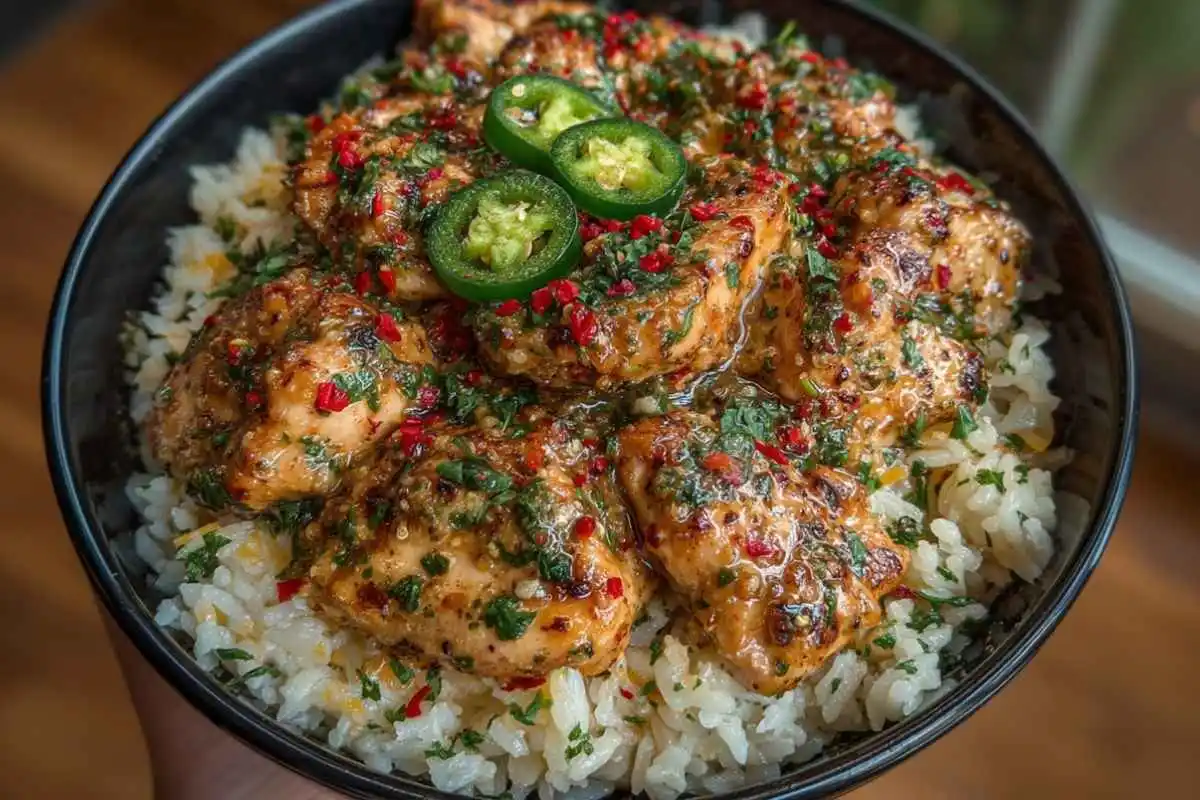 Garlic Butter Chicken Bowls with Jalapeño Cheddar Rice