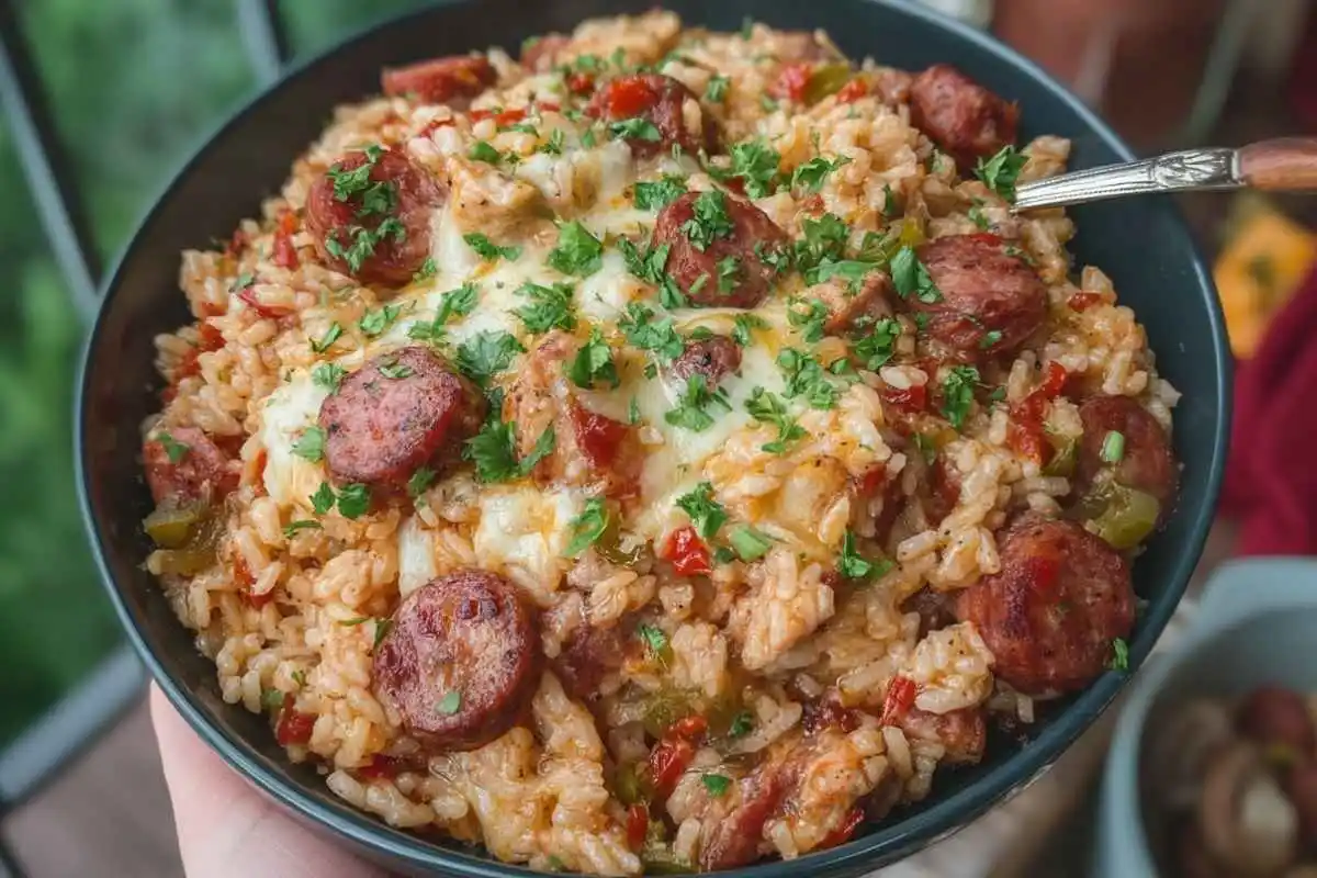 Loaded Cajun Chicken & Sausage Cheesy Rice Bake