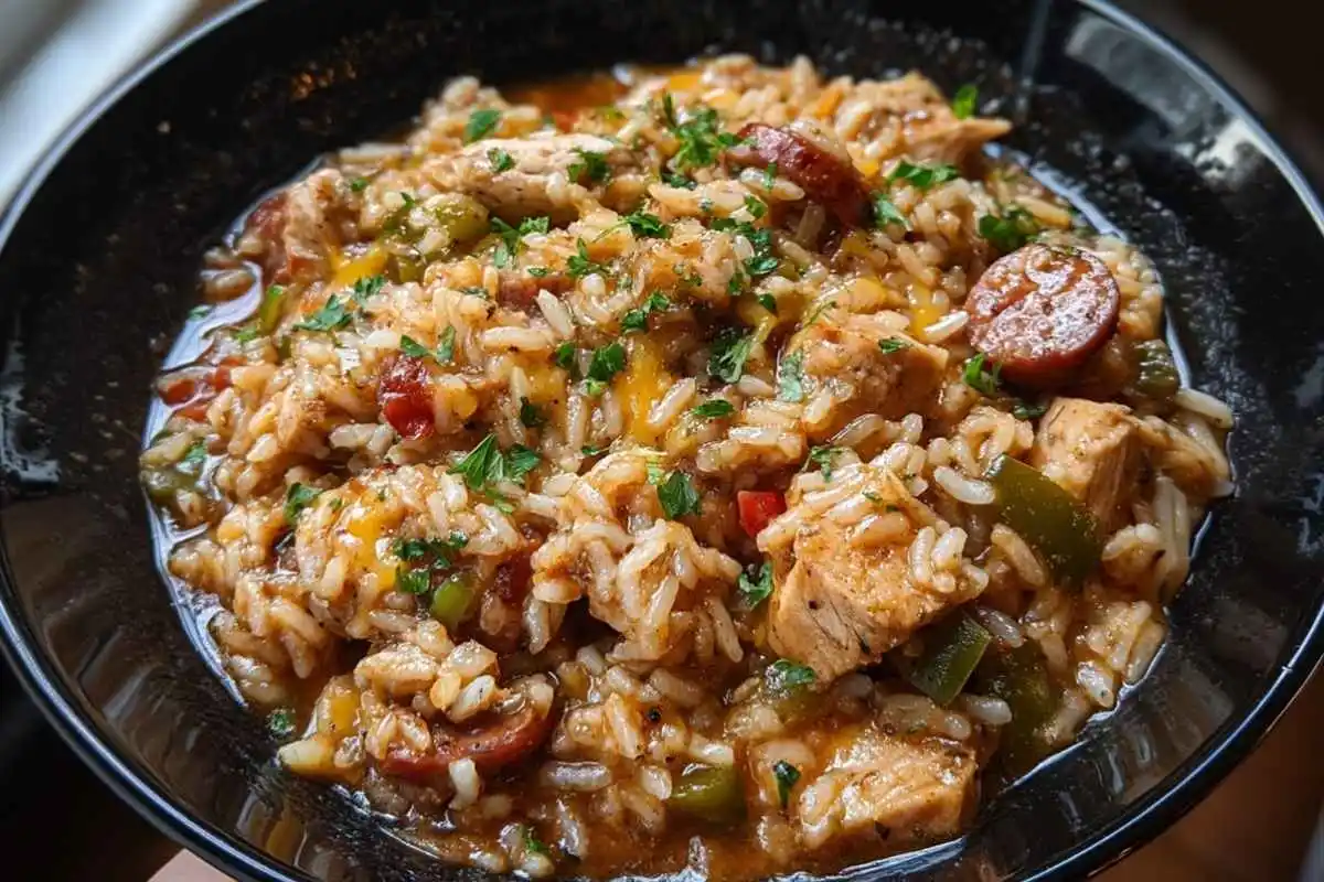 Loaded Cajun Chicken & Sausage Cheesy Rice Bake