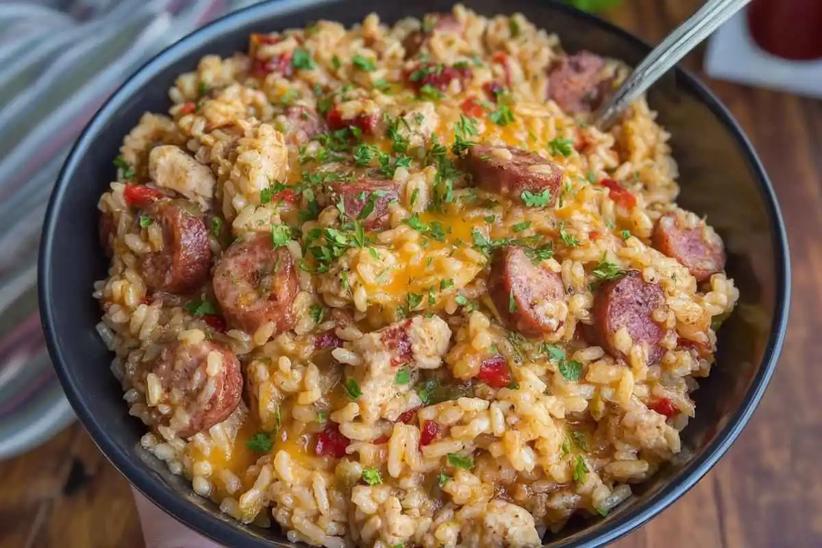 Loaded Cajun Chicken & Sausage Cheesy Rice Bake
