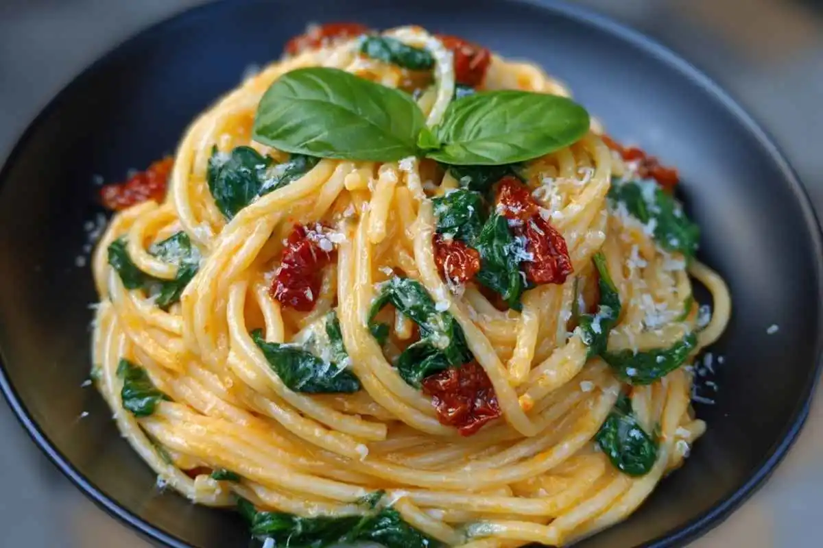 Spaghetti & Spinach with Sun-Dried Tomato Cream Sauce