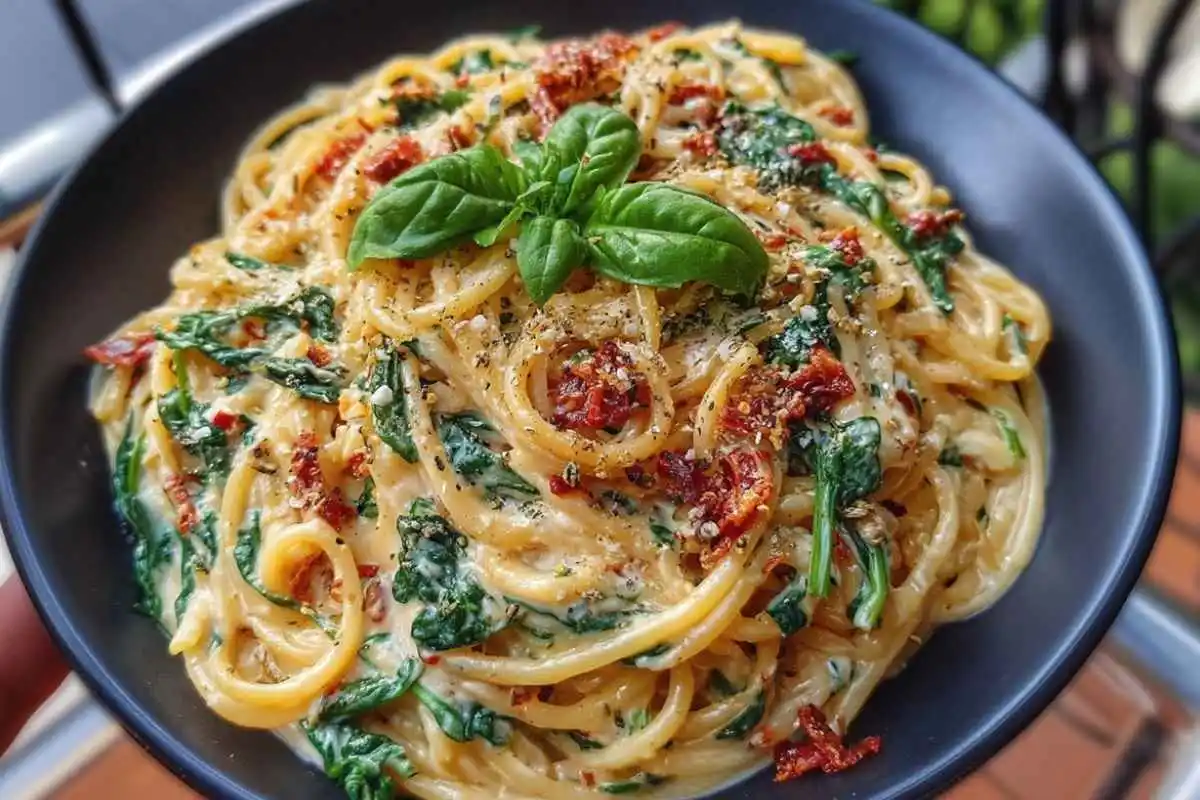 Spaghetti & Spinach with Sun-Dried Tomato Cream Sauce