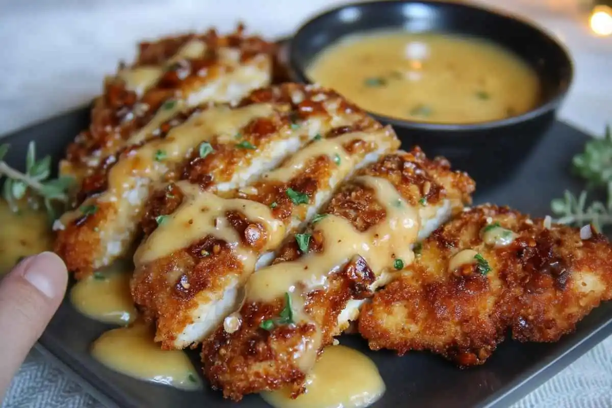 Pretzel-Crusted Chicken with Mustard-Cheddar Sauce